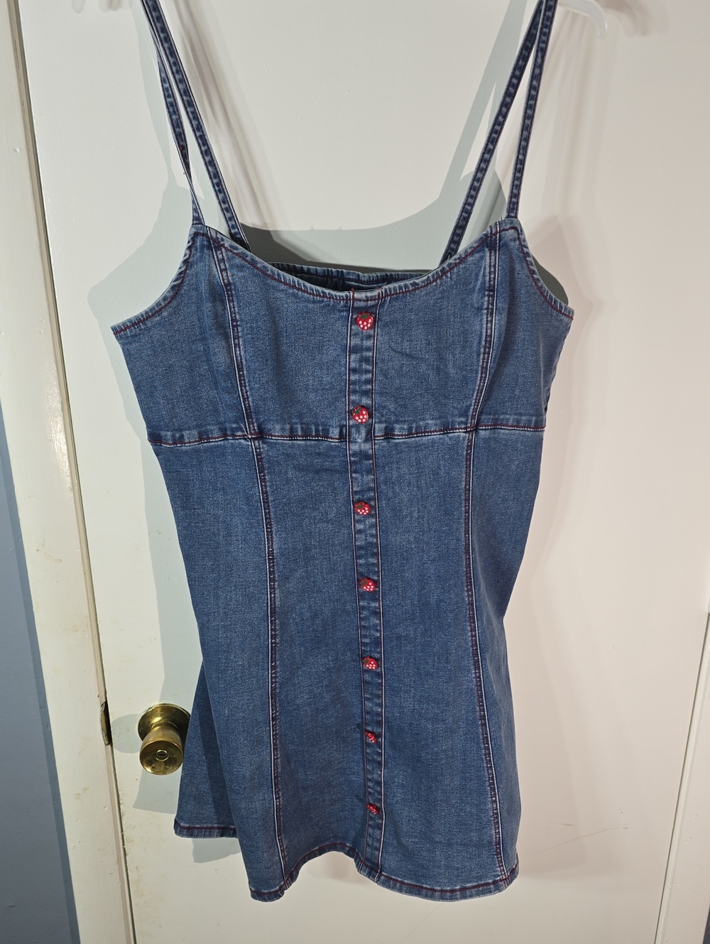 Denim Button-Front Spaghetti Strap Dress - Blue